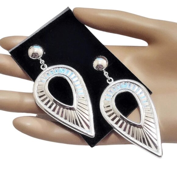 2 3/4 Inch 70mm Teardrop Hoop Pierced Post Earrings Round Bead Silver Tone - Picture 2 of 4